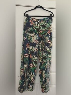 La Blanca Navy Tropical Floral Wrap Pantswith Green and Pink Accents